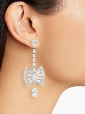 Tasha Silver Crystal Bow Drop Earrings with Clear Teardrop